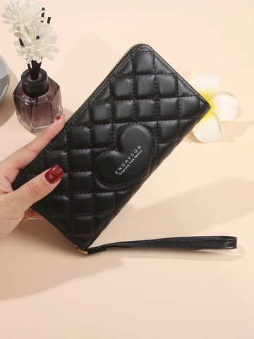 Damen Geldbörse Lang PU Leder Gesteppt Herzmuster Reißverschluss Große Kapazität Clutch Mit Handschlaufe Handytasche
