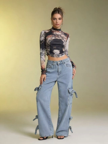 Women Cargo Jeans Light Blue Cotton Denim Mid Waist Wide Leg Pockets Bow Lace Up Casual Streetwear Pants