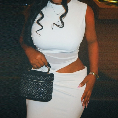 Sleeveless Round Neck Cut Out Mesh Splicing Bodycon Maxi Dress Solid White Polyester Slim Fit Sexy Party Clubwear Women