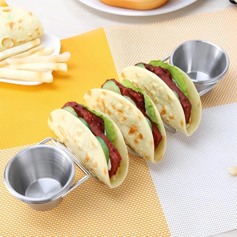 304 Stainless Steel Taco Holder Stand W-Shaped Food Rack With Sauce Cups Non-Slip Feet For Restaurant Kitchen Dining