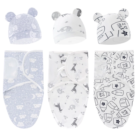 Newborn Baby Swaddle Blanket And Hat Soft Cotton Anti-Startle Cocoon Sleep Wrap For Boys Girls Cartoon Pattern