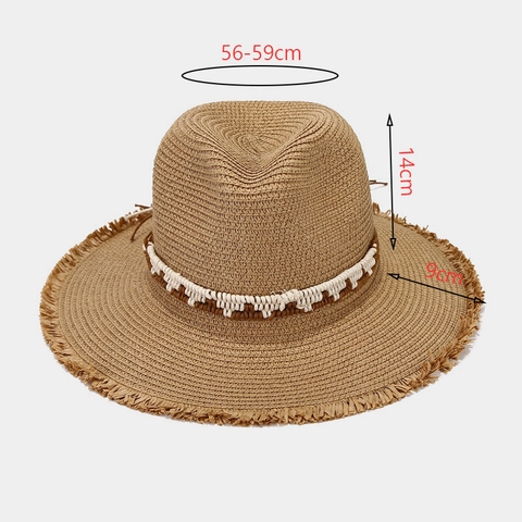 Cappello Di Paglia Da Donna Sole Estate Spiaggia Tesa Larga Bordo Sfilacciato Intrecciato Panama Fedora Con Fascia