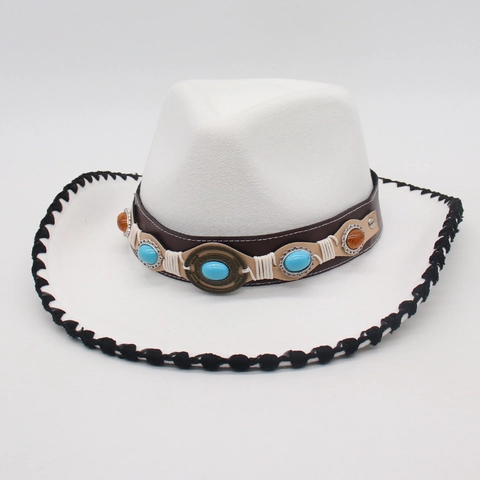 Chapeau De Cowboy Western Feutre Large Bord Avec Bande De Perles Turquoise Ethnique Style Ethnique Pour Hommes Femmes