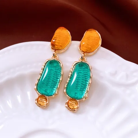 Vintage Resin Oval Dangle Earrings With 925 Sterling Silver Earring Post Geometric Contrast Color Alloy Jewelry For Women