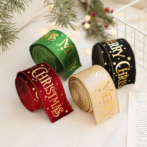 Christmas Velvet Ribbon Gold Stamped Merry Christmas Star Print For Gift Wrapping Tree Decoration Festive Party Decor