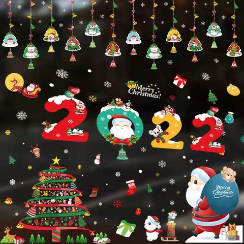 Christmas Window Clings Static PVC Sticker Removable Santa Claus Snowman Snowflake Glass Door Shop Festive Decoration