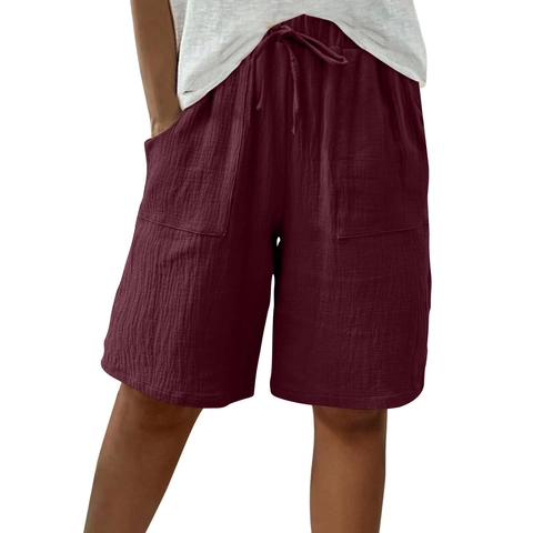 Short Décontracté en Mélange de Coton et Lin pour Femme Coupe Large Taille Élastique Cordon de Serrage Poches Été