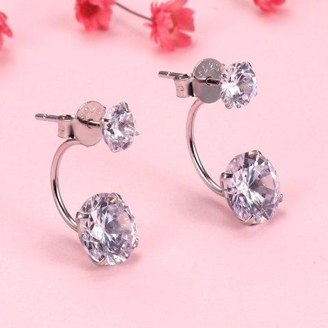 925 Sterling Zilveren Back-Hanging Strass Oorknopjes Voor Vrouwen Koreaanse Stijl Dubbele Steen Geometrische Sieraden Witgoud Kleur
