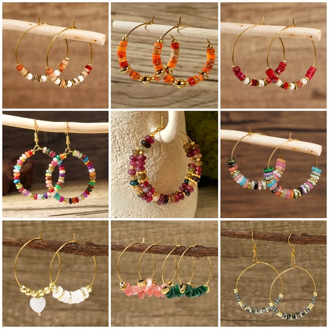 Bohemian Gold Color Stainless Steel Hoop Earrings With Semi Precious Stone Beads Vintage Handmade Elegant For Women