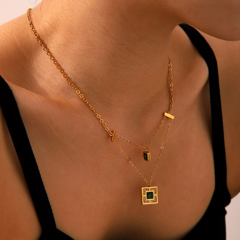 Double Layer Necklace Titanium Steel With Emerald Green Square Zircon Geometric Vintage Style For Women