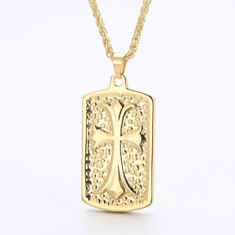 Cross Pendant Necklace Stainless Steel Rectangle Dog Tag Hammered Texture Gothic Hip Hop Jewelry For Men