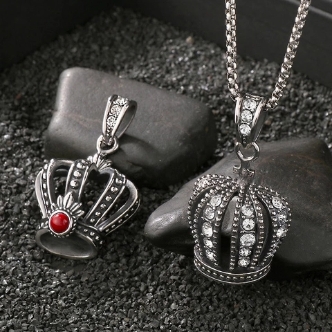 Pendentif Couronne Collier Acier Inoxydable Rétro Creux Strass Pierre Rouge Hip Hop Punk Bijoux Pour Hommes