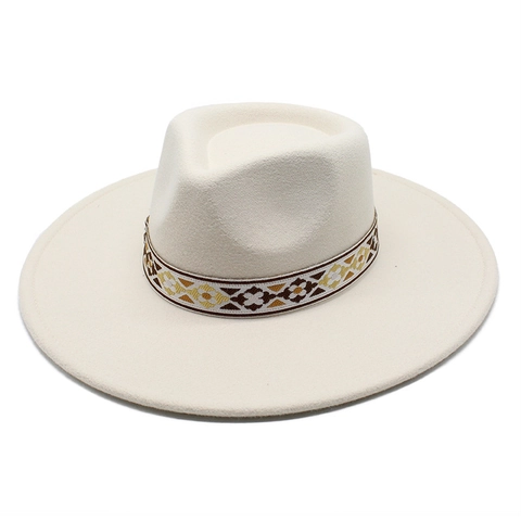 Wide Brim Fedora Hat Vintage Ethnic Embroidered Band Cotton Polyester Felt Jazz Cap For Men Women Casual Outdoor