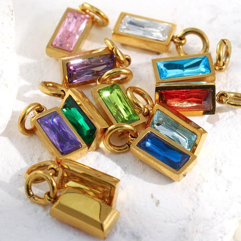 Birthstone Pendants Rectangle Stainless Steel 18K Gold Plated Zircon Crystal Charms For DIY Jewelry Making Crafts