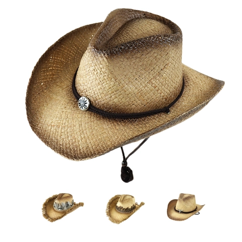 Western Cowboy Straw Hat Wide Brim Sun Protection Frayed Edge With Feather And Bull Head Metal Decoration Vintage Summer