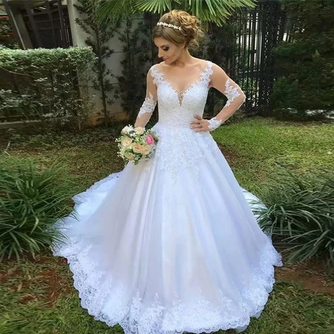Elegant Lace Long Sleeve Wedding Dress V-Neck Open Back Tulle Appliques Bride Gown Small Train