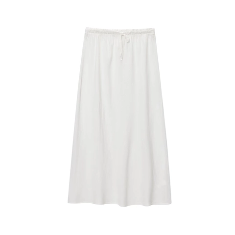 Women Midi Skirt Polyester Linen Blend High Waist Elastic Drawstring Casual Streetwear A-Line Slub Texture