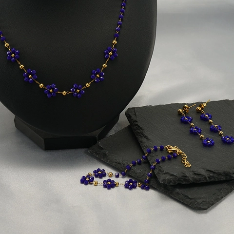 Stainless Steel Flower Jewelry Necklace Bracelet And Earrings Bohemian Crystal Beads Plated 18K Gold Fashion Women