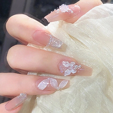 Faux Ongles À Coller Avec Papillon 3D Strass Künstliche Perle Dégradé Rose Nude Longue Forme Cercueil Élégant Pour Femmes