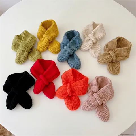 Soft Warm Baby Knit Scarf Solid Color Woolen Yarn Cross Design Winter Neck Warmer For Infant Toddler Girls Boys Accessories