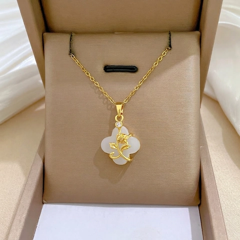Collana In Acciaio Al Titanio Con Pendente Quadrifoglio E Rosa Donna Elegante Rame Zirconia Floreale Gioielli Di Lusso