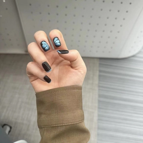 Unghie Finte Corte Quadrate Nero Blu Farfalla French Tips Occhio Di Gato Lucido Per Donne