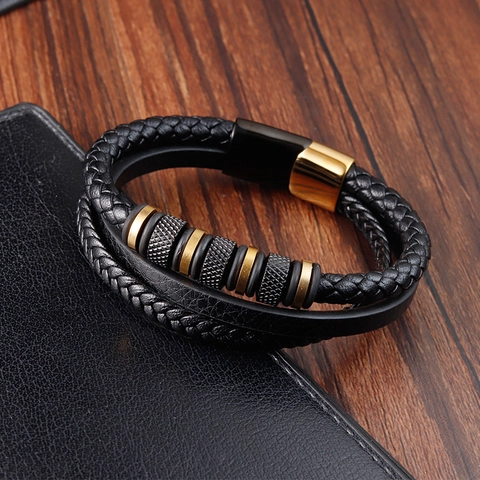 Multi Layer Braided Leather Bracelet With Stainless Steel Magnetic Clasp Woven Cord Wristband For Men Stylish