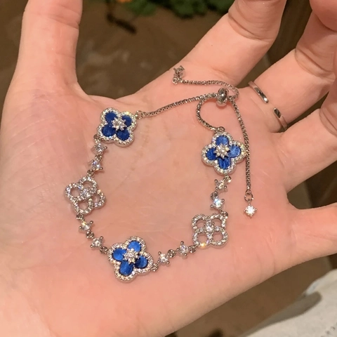 Four Leaf Clover Flower Bracelet Copper Zircon Adjustable Drawstring Retro Palace Style Elegant Jewelry Women