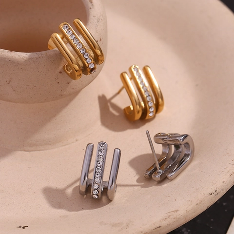 Minimalisti Orecchini a Bottone a Forma di J in Acciaio Inossidabile a Tre Strati per Donna Gioielli per Orecchie Geometrici con Strass