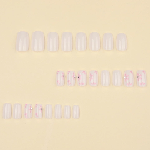 3D Pink Flower Press On Nails Short Square Milky White Artificial Fake Nails Rhinestone Decor For Women Elegant