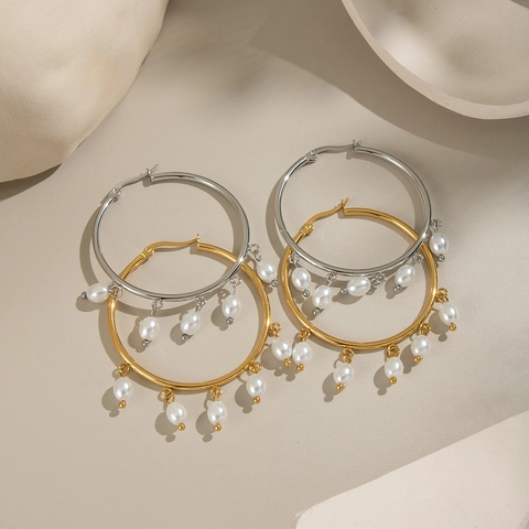 Pendientes De Aro Grandes Con Colgantes De Perlas Artificiales Acero Inoxidable Impermeable Joyería Elegante Para Mujer