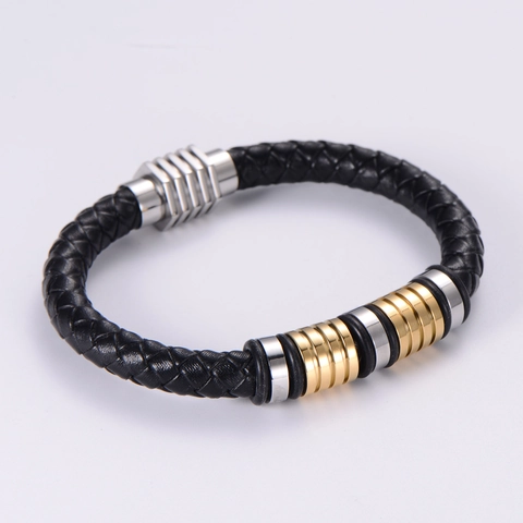 Bracciale In Pelle Intrecciata Con Chiusura Magnetica In Acciaio Inossidabile E Anelli In Metallo Punk Rock Da Uomo