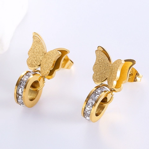 Pendientes De Aro De Mariposa Esmerilada De Acero Inoxidable Con Textura Brillante Y Diamantes De Imitación Joyería Elegante