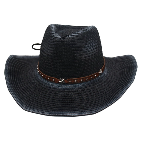 Cappello Di Paglia Cowboy Intrecciato Traspirante Protezione Solare Outdoor Spiaggia Tesa Larga Stella Rivetti Con Corda Unisex