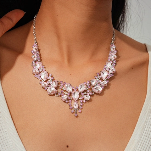 Collar Statement Gota De Agua Rosa Diamantes De Imitación Aleación Cristal Floral Estilo Palacio Joyas Fiesta Mujer