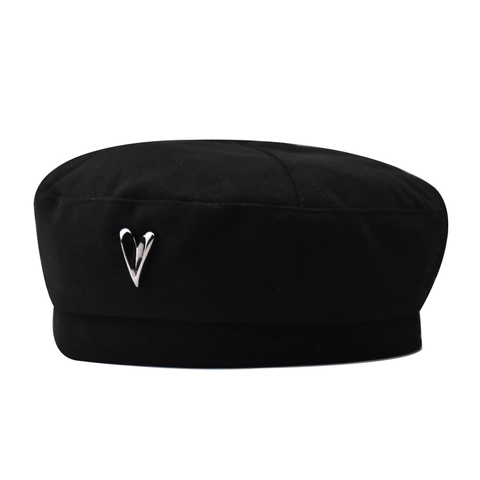 Women Wool Blend Beret Hat With Metal Heart Decor Solid Color Warm Autumn Winter Fashion Painter Hat