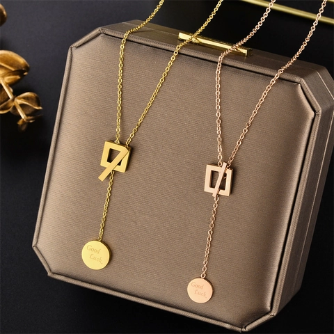 Titanium Steel Good Luck Engraved Round Disc Square Pendant Necklace For Women Geometric Minimalist Jewelry Rose Gold