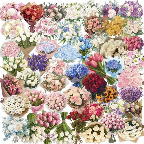 Wasserdichte Transparente PET Blumen Aufkleber Handgemalte Blumenstrauß Dekorative Sticker Für Scrapbooking Journaling Laptop Gitarre