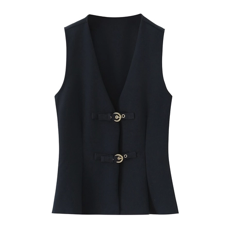 Ensemble Gilet Et Pantalon Évasé Femme Polyester Col En V Gilet Sans Manches Taille Haute Style Décontracté