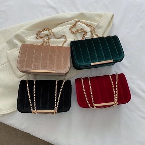 Women Velvet Shoulder Bag Gold Metal Chain Strap Vertical Quilted Rectangle Crossbody Handbag Small Square Purse