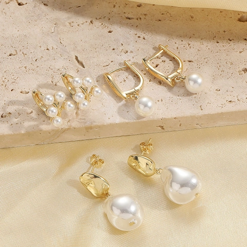 French Artificial Pearl Drop Earrings For Women 14K Gold Plated Copper Zircon Cluster Baroque Minimalist Luxury Elegant Jewelry