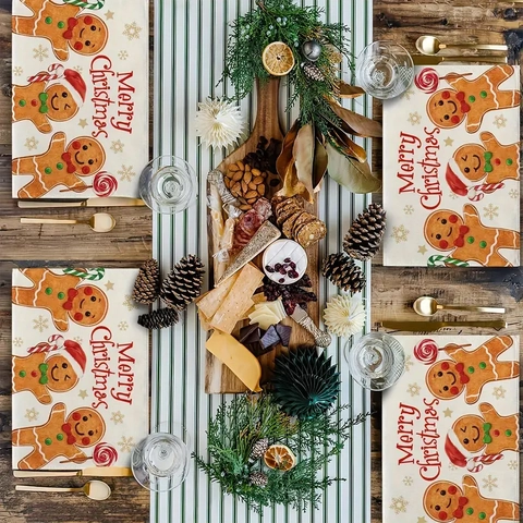 Kerst Tafelloper En Placemats Peperkoekman Katoen Linnen Waterdicht Wasbaar Feestelijke Tafeldecoratie