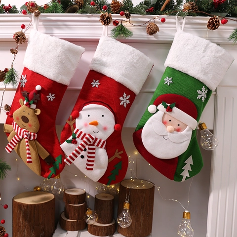 Calza Di Natale Decorazione Da Appendere Feltro Pelliccia Sintetica Maglia 3D Cartone Babbo Natale Alce Casa Festa