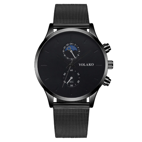 Men Quartz Watch Fashion Business Minimalist Day Night Phase Display Two Sub Dials Stainless Steel Mesh Strap Alloy Case
