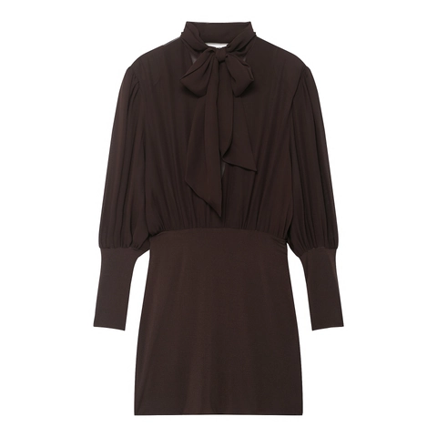 Dames Mini Jurk Met Lange Mouwen Elegant Strikkraag Geplooide Mouwen Koffiebruin Polyester Party Club