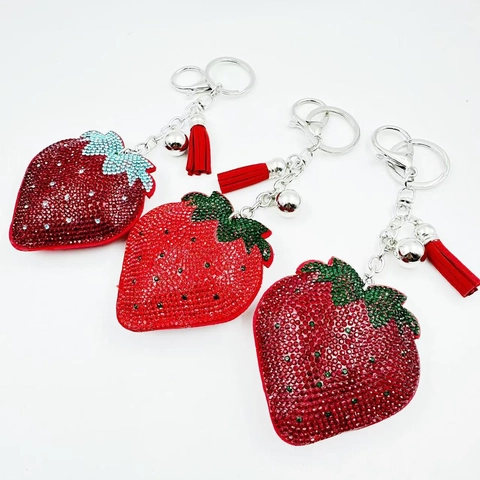 Porte-clés Fraise Strass Encrusté Fruit Charme De Sac Avec Gland En Cuir Et Cloche Accessoires Mode Pour Femmes