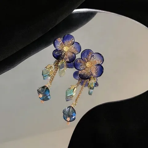 Bloem Kwastje Hanger Oorbellen Met 925 Sterling Zilveren Oorbel Post Blauwe Hars Legering Kristal Vintage Chic Sieraden Voor Vrouwen