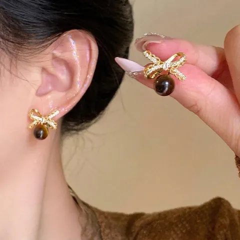 Bowknot Dangle Ohrringe Mit Silver Earring Post 18K Vergoldet Kupfer Zirkonia Brauner Stein Für Damen