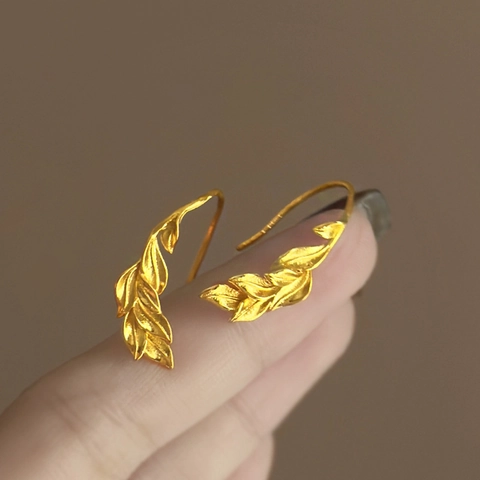 Leaf Dangle Earrings 18K Gold Plated Copper Metal Ear Hook Vintage Elegant Jewelry For Women
