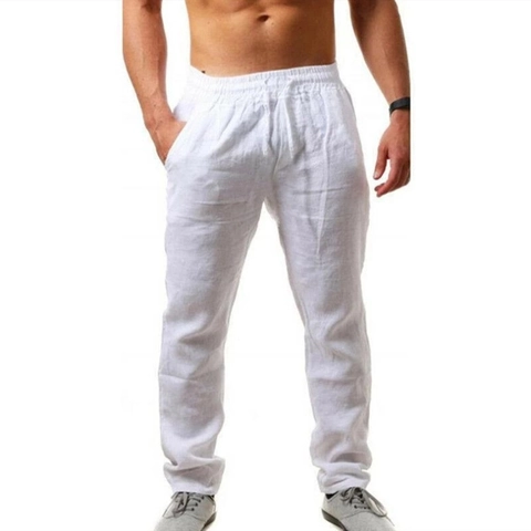 Men's Casual Linen Cotton Blend Straight Leg Pants Breathable Summer Loose Drawstring Elastic Waist Trousers For Beach Daily Wear
